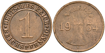 Германия 1 рейхспфенниг 1934 A KM 37, J. 313 бронза 4189-1255