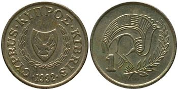 Кипр 1 цент 1992 KM 53.3 никель латунь 4154-954