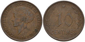 Люксембург 10 сантимов 1930 Шарлотта (1918-1964) KM 41 бронза 4577-246