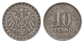 Германия 10 пфеннигов 1916 A, Вильгельм II (1888-1918) KM 20, J. 298 железо 4640-337