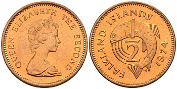 Фолклендские острова 1/2 пенни 1974 Елизавета II (1952-2022), лосось KM 1 бронза 4154-126