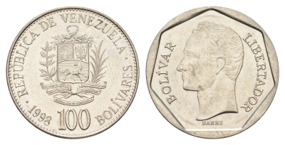 Венесуэла 100 боливаров 1998 год-тип, Симон Боливар Y 78.1 сталь плакированная никелем UNC 4666-1237