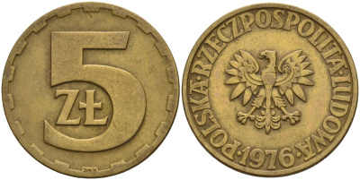 Польша 5 злотых 1976 монетный двор Ленинград (ЛМД) KM 81.1, Parchimowicz 221b латунь 4141-414