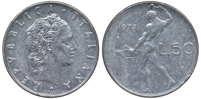 Италия 50 лир 1973 R, бог Вулкан у наковальни KM 95.1 нержавеющая сталь 4142-1151