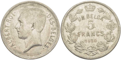 БЕЛЬГИЯ 5 ФРАНКОВ 1930 АЛЬБЕРТ I, DES BELGES KM 97.1 никель 3851-124