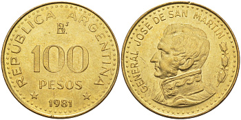 Аргентина 100 песо 1981 генерал Хосе де Сан Мартин KM 85а сталь плакированная латунью 69-536