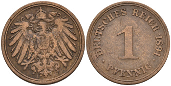 Германия 1 пфенниг 1891 A KM 10, J. 10 медь    4594-1232