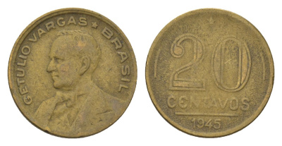 Бразилия 20 сентаво 1945 Жетулиу Варгас KM 556a алюминиевая бронза 4625-942