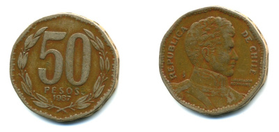 Чили 50 песо 1987 Бернардо О’Хиггинс KM 219.1 алюминиевая бронза 37-1243