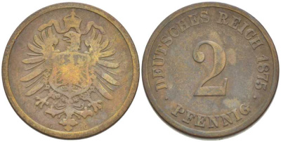 ГЕРМАНИЯ 2 ПФЕННИГА 1875 D, СТАРОГЕРБОВКА KM 2, J. 2, Weege 3 медь 212-554