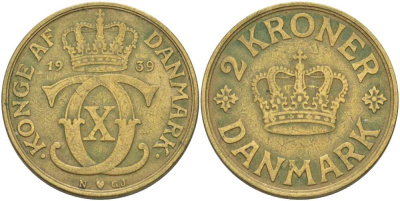 ДАНИЯ 2 КРОНЫ 1939 N; GJ, КРИСТИАН X (1912-1947) KM 825.2 алюминиевая бронза 38-434