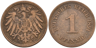 Германия 1 пфенниг 1891 A KM 10, J. 10 медь    4594-1232