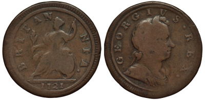 Великобритания 1/2 пенни 1721 Георг I (1714-1727) Spink 3660 медь 1523-922