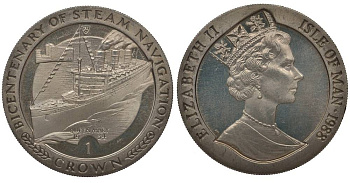 ОСТРОВ МЭН 1 КРОНА 1988 200 ЛЕТ ПАРОХОДАМ, ПАРОХОД 'КУИН МЭРИ' 1934 KM 232 медно-никель UNC 1078-2-44