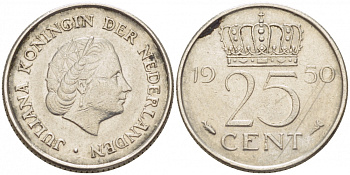 НИДЕРЛАНДЫ 25 ЦЕНТОВ 1950 ЮЛИАНА KM 183 никель 3309-635