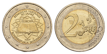 Германия 2 евро 2007 J, 50 лет подписанию Римского договора KM 259 биметалл UNC 1096-1-41