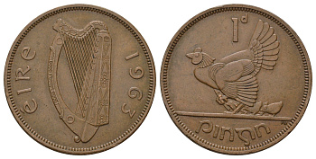 Ирландия 1 пенни 1963 курица с цыплятами KM 11 бронза 4512-1222