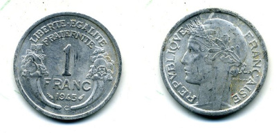ФРАНЦИЯ 1 ФРАНК 1945 C KM 885a.3 алюминий 29-527