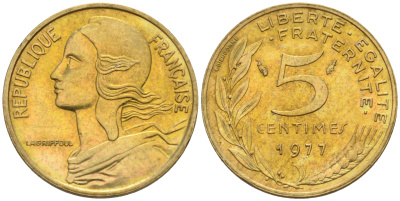 Франция 5 сантимов 1976 тип Марианна KM 933 никель алюминий медь    4594-1133