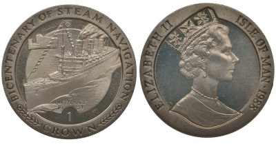 ОСТРОВ МЭН 1 КРОНА 1988 200 ЛЕТ ПАРОХОДАМ, ПАРОХОД 'КУИН МЭРИ' 1934 KM 232 медно-никель UNC 00-00
