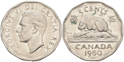 Канада 5 центов 1950 бобр, Георг VI (1937-1952) KM 42 никель 73-1335