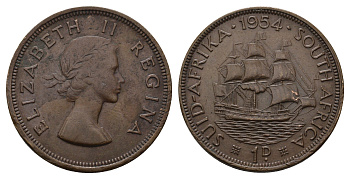ЮАР 1 пенни 1954 Елизавета II (1952-2022), парусник KM 46 бронза 4593-1014