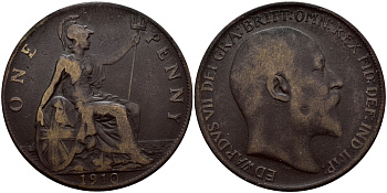 Великобритания 1 пенни 1910 Эдуард VII (1901-1910) KM 794.2, Spink 3990 бронза 540-432
