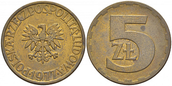 Польша 5 злотых 1977 монетный двор Ленинград (ЛМД) KM 81.1, Parchimowicz 221c латунь 4548-643