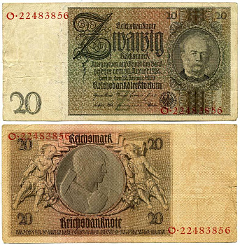 ГЕРМАНИЯ 20 РЕЙХСМАРОК 1929 Pick 181a бумага 3295-77-1