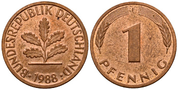 ФРГ 1 пфенниг 1988 F KM 105, J.380 сталь плакированная медью 4602-768