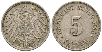Германия 5 пфеннигов 1913 E, KM 11, J. 12 медно-никель 220-663