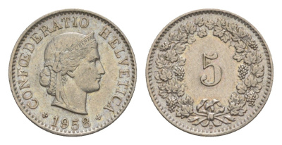 Швейцария 5 раппенов 1958 B KM 26 медно-никель 4611-742