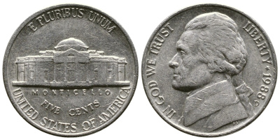 США 5 ЦЕНТОВ 1988 D, ДЖЕФФЕРСОН KM А192 медно-никель 25-2217