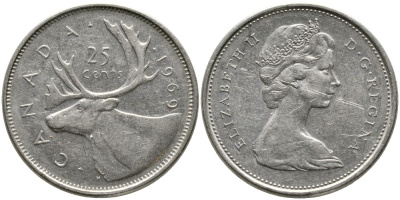 Канада 25 центов 1969 Елизавета II (1952-2022), олень KM 62 b никель 4543-726