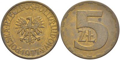 Польша 5 злотых 1977 монетный двор Ленинград (ЛМД) KM 81.1, Parchimowicz 221c латунь 4548-643