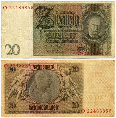 ГЕРМАНИЯ 20 РЕЙХСМАРОК 1929 Pick 181a бумага 3295-77-1