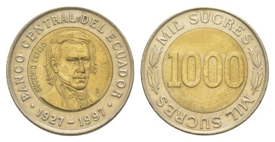 Эквадор 1000 сукре 1997 70 лет Центробанку KM 103 биметалл UNC 4641-742