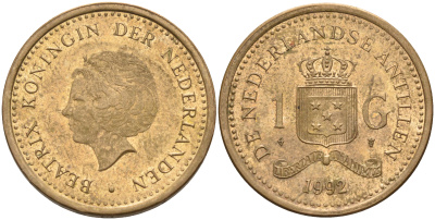 Нидерландские Антилы 1 гульден 1992 Беатрикс (1980-2013) KM 37 позолоченная сталь 4142-122