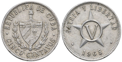 Куба 5 сентаво 1968 KM 34, JMA 43, Y 28, Schoen 32 алюминий 4114-217