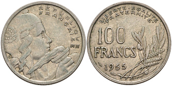 ФРАНЦИЯ 100 ФРАНКОВ 1955 KM 919.1 медно-никель 106-313
