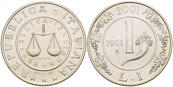 Италия 1 лира 2001 R, история лиры вес 6 гр. KM 220 серебро UNC 02-117-54