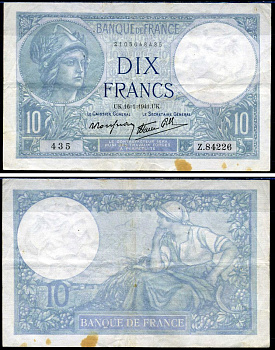 Франция 10 франков 1941 Pick 84 бумага 7457-21-3-1