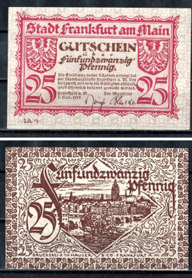 Франкфурт-на-Майне (Пруссия, Гессен-Нассау) 25 пфеннигов 1919
 Mehl Grabowski F16.2c бумага UNC (пресс) 7556-32-1-1