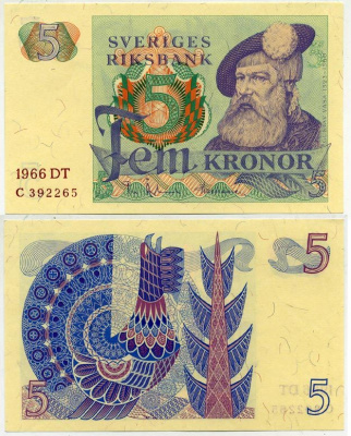 Швеция 5 крон 1966 DT, Густав I Ваза Pick 51a бумага aUNC 2192-6-3-1