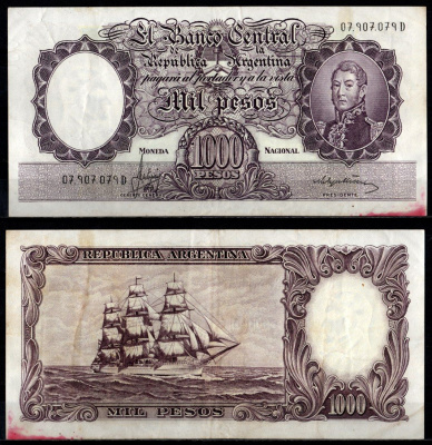 Аргентина 1000 песо ND (1966-1969) Pick 279 (2) бумага 7548-84-2-2