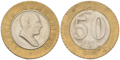 Турция 50 новых курушей 2005 KM 1168 биметалл 4610-1122