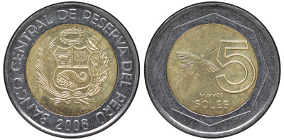 Перу 5 новых солей 2008 KM 316 биметалл aUNC 4605-355