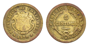 Коста-Рика 5 сентимо 1920 KM 151 латунь 4644-268