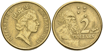 Австралия 2 доллара 1994 абориген, Елизавета II (1953-) KM 101 алюминиевая бронза 4126-1055