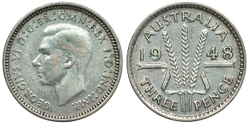 Австралия 3 пенса 1948 m, Георг VI (1937-1952), без букв KM 37a серебро 71-216